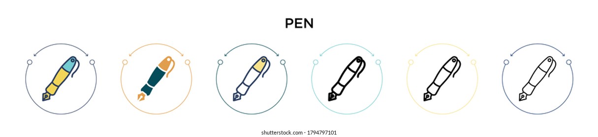 Pen icon in filled, thin line, outline and stroke style. Vector illustration of two colored and black pen vector icons designs can be used for mobile, ui, web