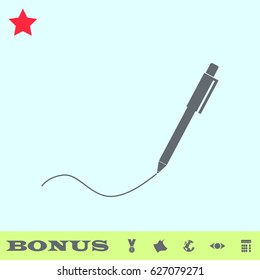 Pen icon flat. Grey pictogram on blue background. Vector illustration symbol and bonus buttons medal, cow, earth, eye, calculator