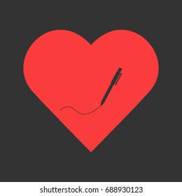Pen icon flat. Simple pictogram on heart background. Vector illustration symbol