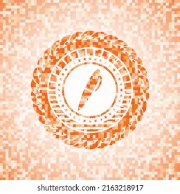 pen icon inside abstract emblem, orange mosaic background. 