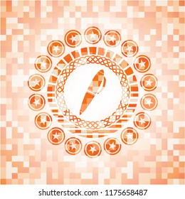pen icon inside abstract orange mosaic emblem with background