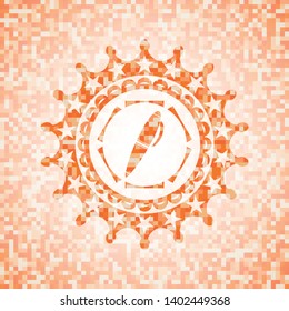 pen icon inside abstract orange mosaic emblem with background
