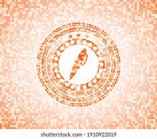 pen icon inside abstract orange mosaic emblem. 