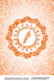 pen icon inside abstract orange mosaic emblem. 