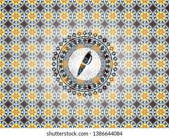 pen icon inside arabic style badge. Arabesque decoration.