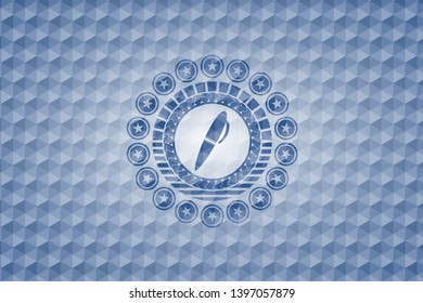 pen icon inside blue badge with geometric pattern background.