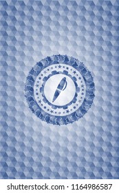 pen icon inside blue emblem or badge with abstract geometric pattern background.