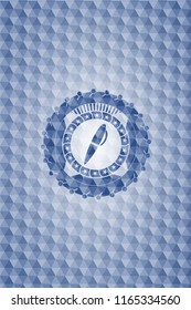 pen icon inside blue emblem with geometric pattern background.