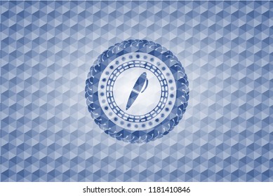 pen icon inside blue emblem or badge with geometric pattern background.
