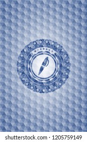 pen icon inside blue emblem or badge with abstract geometric polygonal pattern background.