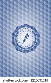 pen icon inside blue emblem with geometric pattern background.