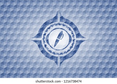 pen icon inside blue emblem with geometric background.