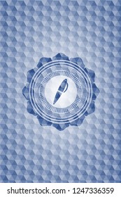 pen icon inside blue emblem with geometric pattern background.