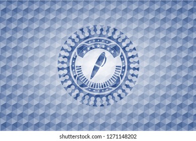 pen icon inside blue emblem or badge with abstract geometric polygonal pattern background.