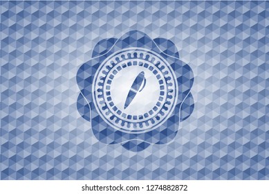pen icon inside blue emblem with geometric pattern.