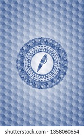 pen icon inside blue emblem or badge with abstract geometric polygonal pattern background.