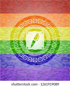 pen icon inside emblem on mosaic background with the colors of the LGBT flag