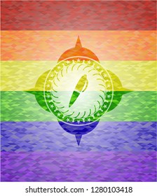 pen icon inside emblem on mosaic background with the colors of the LGBT flag