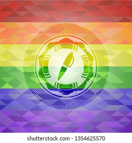 pen icon inside emblem on mosaic background with the colors of the LGBT flag