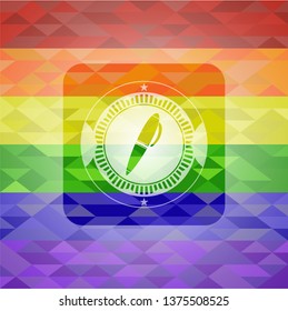pen icon inside emblem on mosaic background with the colors of the LGBT flag