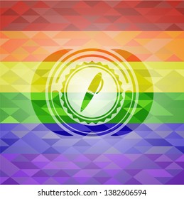 pen icon inside emblem on mosaic background with the colors of the LGBT flag
