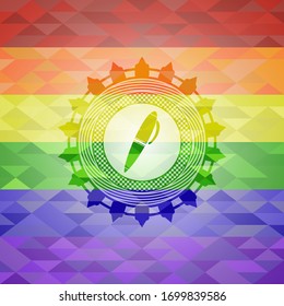 pen icon inside emblem on mosaic background with the colors of the LGBT flag
