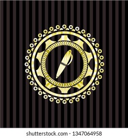 pen icon inside gold badge or emblem