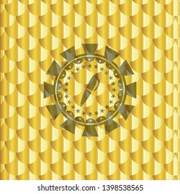 pen icon inside gold badge. Scales pattern. Vector Illustration. Detailed.
