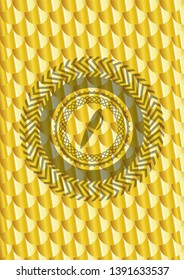 pen icon inside gold emblem or badge. Scales pattern. Vector Illustration. Detailed.