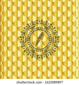 pen icon inside gold emblem. Scales pattern. Vector Illustration. Detailed.