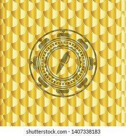 pen icon inside gold shiny emblem. Scales pattern. Vector Illustration. Detailed.