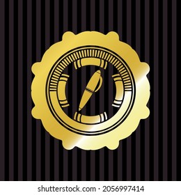 pen icon inside golden emblem. 
