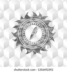 pen icon inside grey badge with geometric cube white background