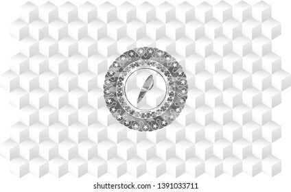 pen icon inside grey emblem with geometric cube white background
