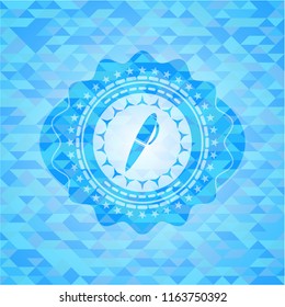 pen icon inside light blue emblem with triangle mosaic background
