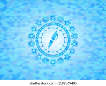 pen icon inside light blue emblem with triangle mosaic background
