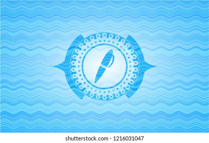 pen icon inside light blue water wave style emblem.