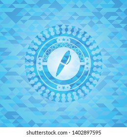 pen icon inside light blue emblem with mosaic background
