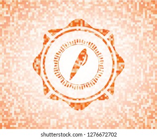 pen icon inside orange tile background illustration. Square geometric mosaic seamless pattern with emblem inside.