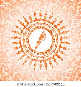 Stift-Symbol auf orangefarbenem Hintergrund. Quadratisches geometrisches Mosaik nahtloses Muster mit Emblem im Inneren. 