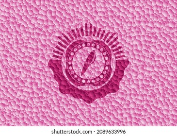 pen icon inside pink badge with bubbles background. Vector Illustration. Detailed. 