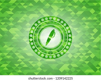 pen icon inside realistic green emblem. Mosaic background