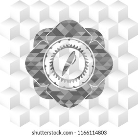 pen icon inside realistic grey emblem with geometric cube white background