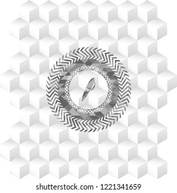pen icon inside realistic grey emblem with geometric cube white background
