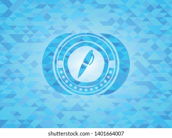 pen icon inside realistic light blue emblem. Mosaic background