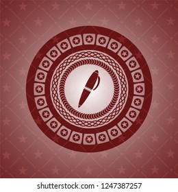 pen icon inside realistic red emblem