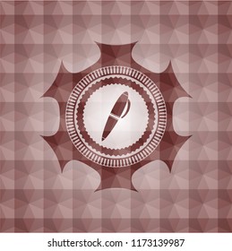 pen icon inside red emblem or badge with abstract geometric polygonal pattern background. Seamless.