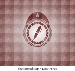 pen icon inside red emblem or badge with abstract geometric polygonal pattern background. Seamless.