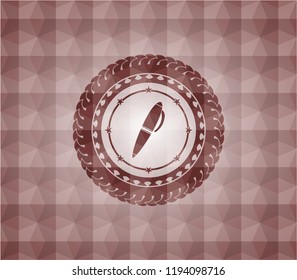 pen icon inside red seamless emblem with geometric background.