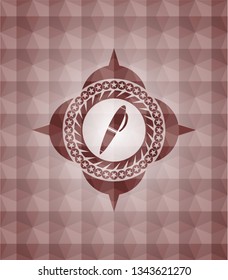 pen icon inside red seamless emblem with geometric pattern background.